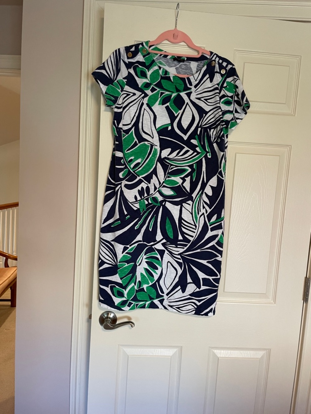Talbots Navy, White & Green Tropical Leaf Shift Dress